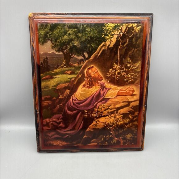 Lacquered Wood Decor Litho Jesus Christ Praying Warner Sallman 1941 11.5x9.5 - Picture 1 of 8